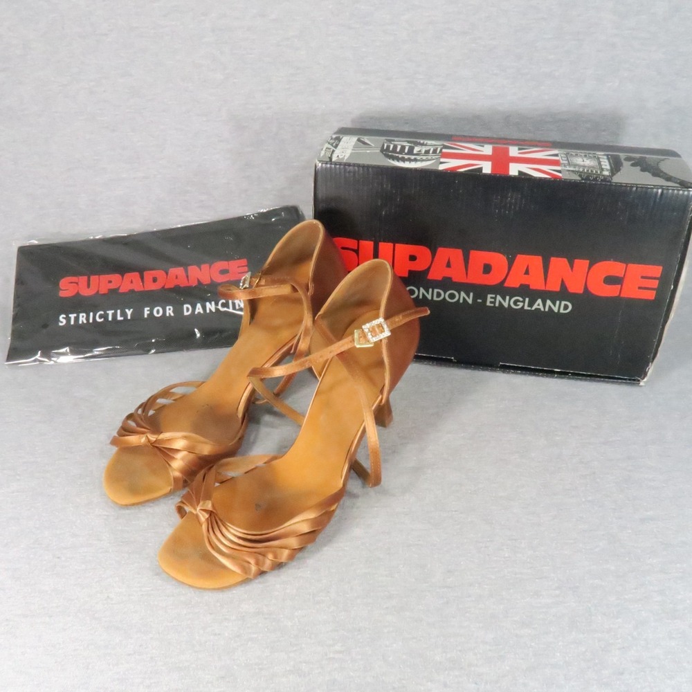 Supadance 1066 Latin Ballroom Dance Shoes 6.5 Dark Tan Satin 2" Flare Heel w Box - Picture 2 of 11